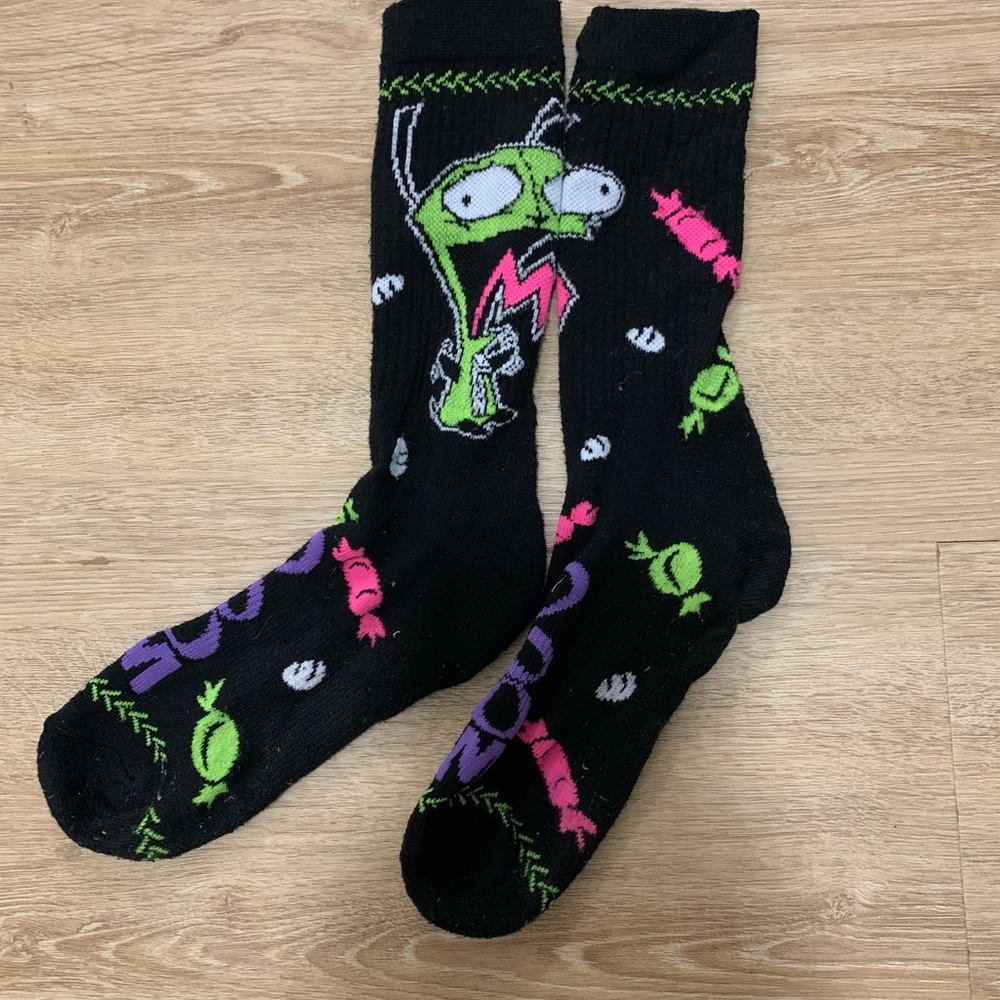 Hot Topic Black Socks with Green and Pink Graphic